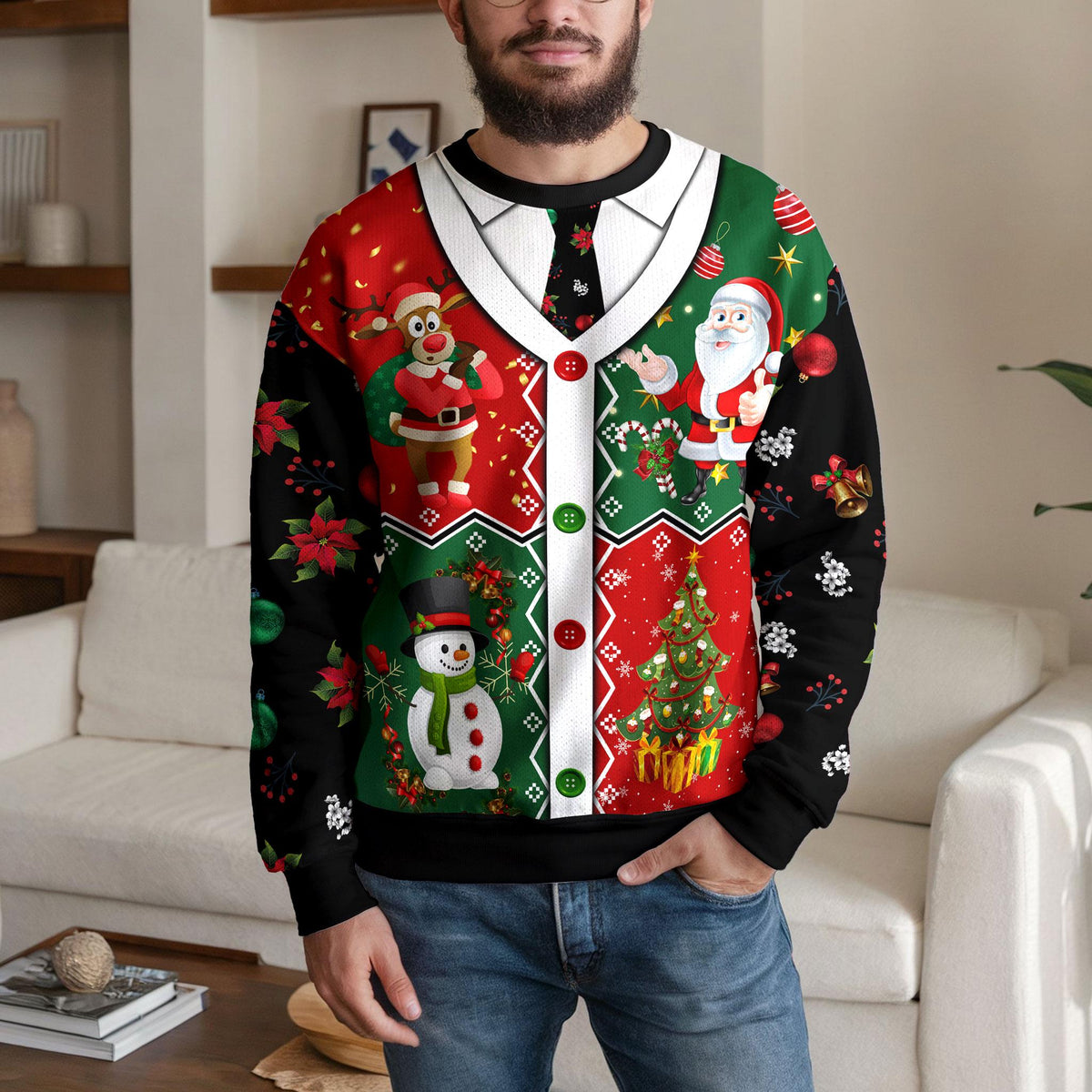 Santa Reindeer Snowman Ugly Christmas Sweater, Funny Christmas Tree Design