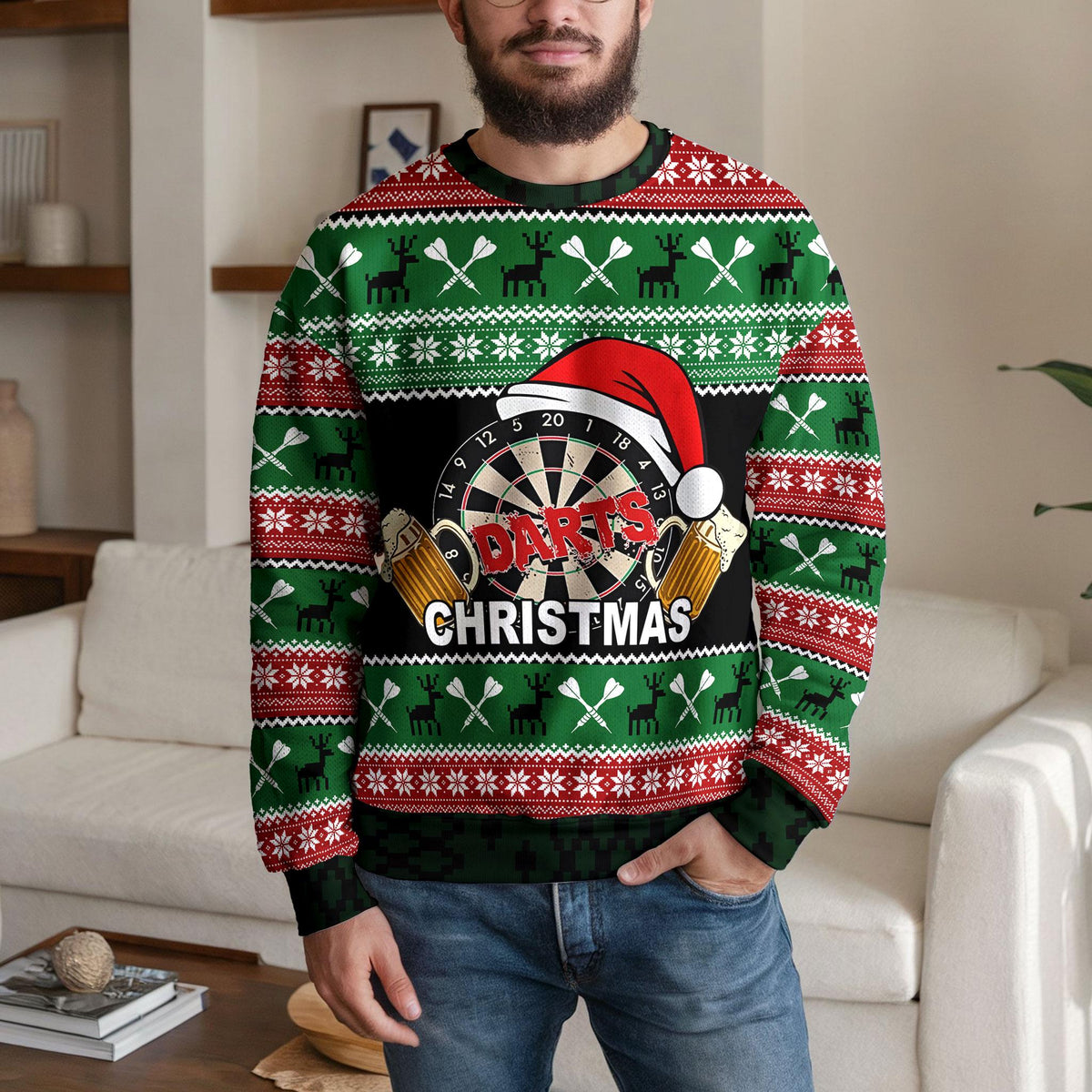 Darts Ugly Christmas Sweater, Funny Dartboard Santa Hat Design