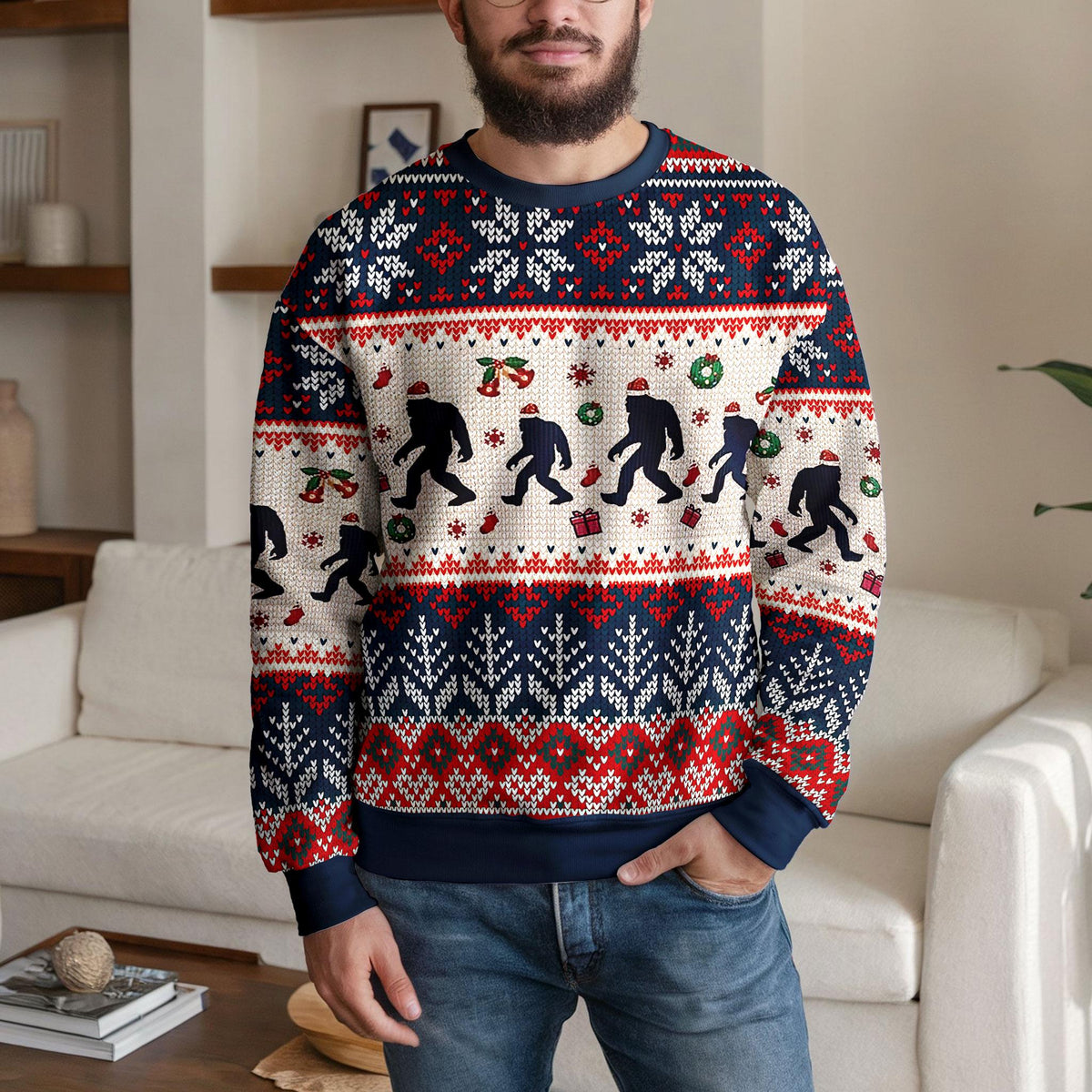Bigfoot Ugly Christmas Sweater, Funny Sasquatch Santa Hat Design