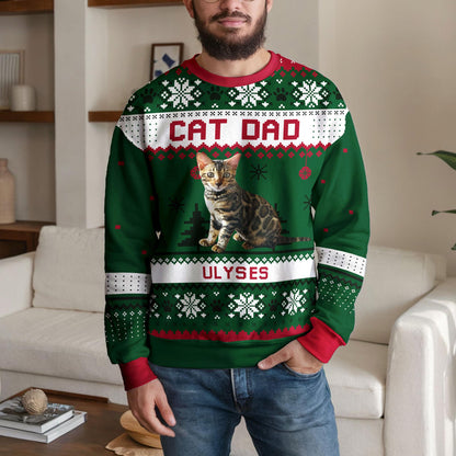 Personalized Cat Dad Ugly Christmas Sweater, Custom Pet Photo Design