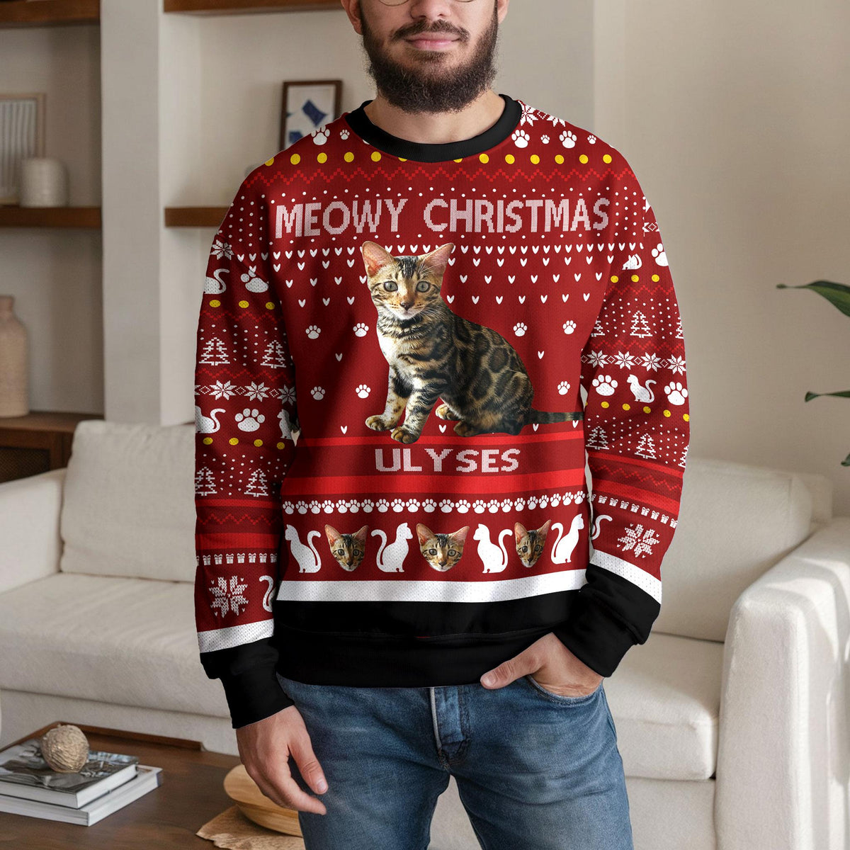 Personalized Cat Dad Ugly Christmas Sweater, Custom Pet Photo Design