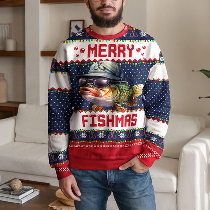 Merry Fishmas Fishing Ugly Christmas Sweater, Funny Bass Design