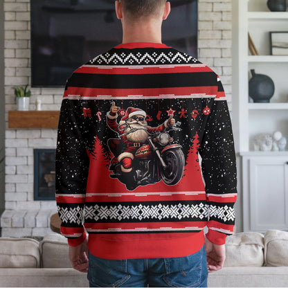 Santa Riding Motorcycle Ugly Christmas Sweater, Funny Biker Design