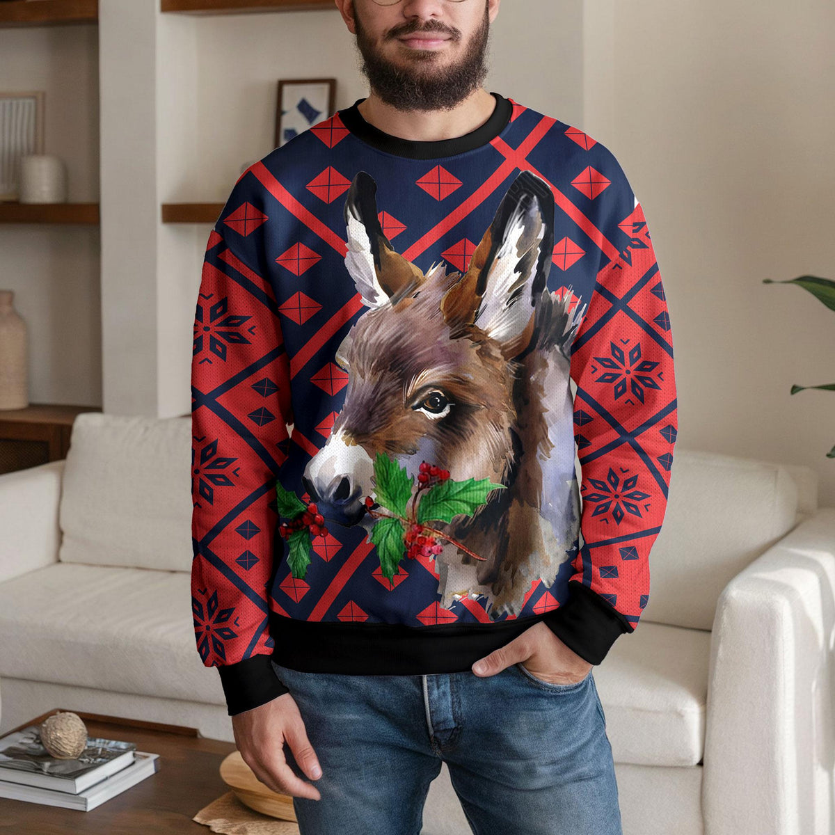Donkey Ugly Christmas Sweater, Funny Holly Berry Farm Animal Design