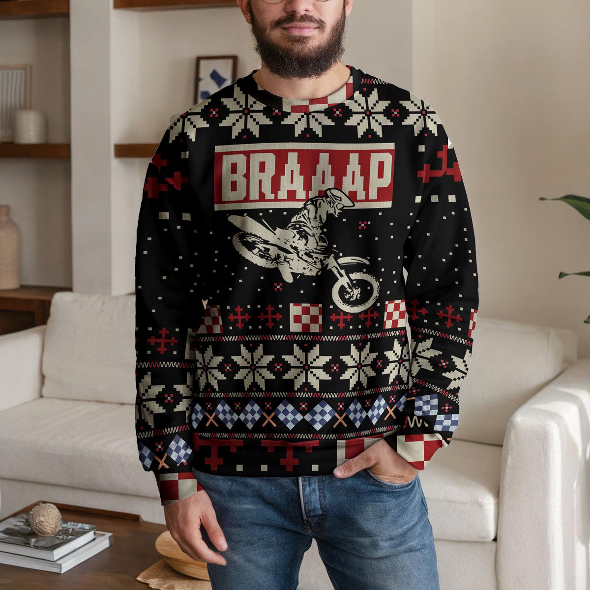 Motocross Ugly Christmas Sweater, Funny Dirt Bike Motorcycle Design