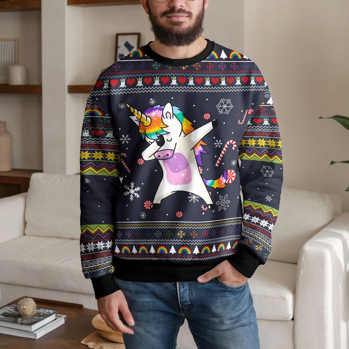 Dabbing Unicorn Ugly Christmas Sweater, Rainbow Candy Cane Design