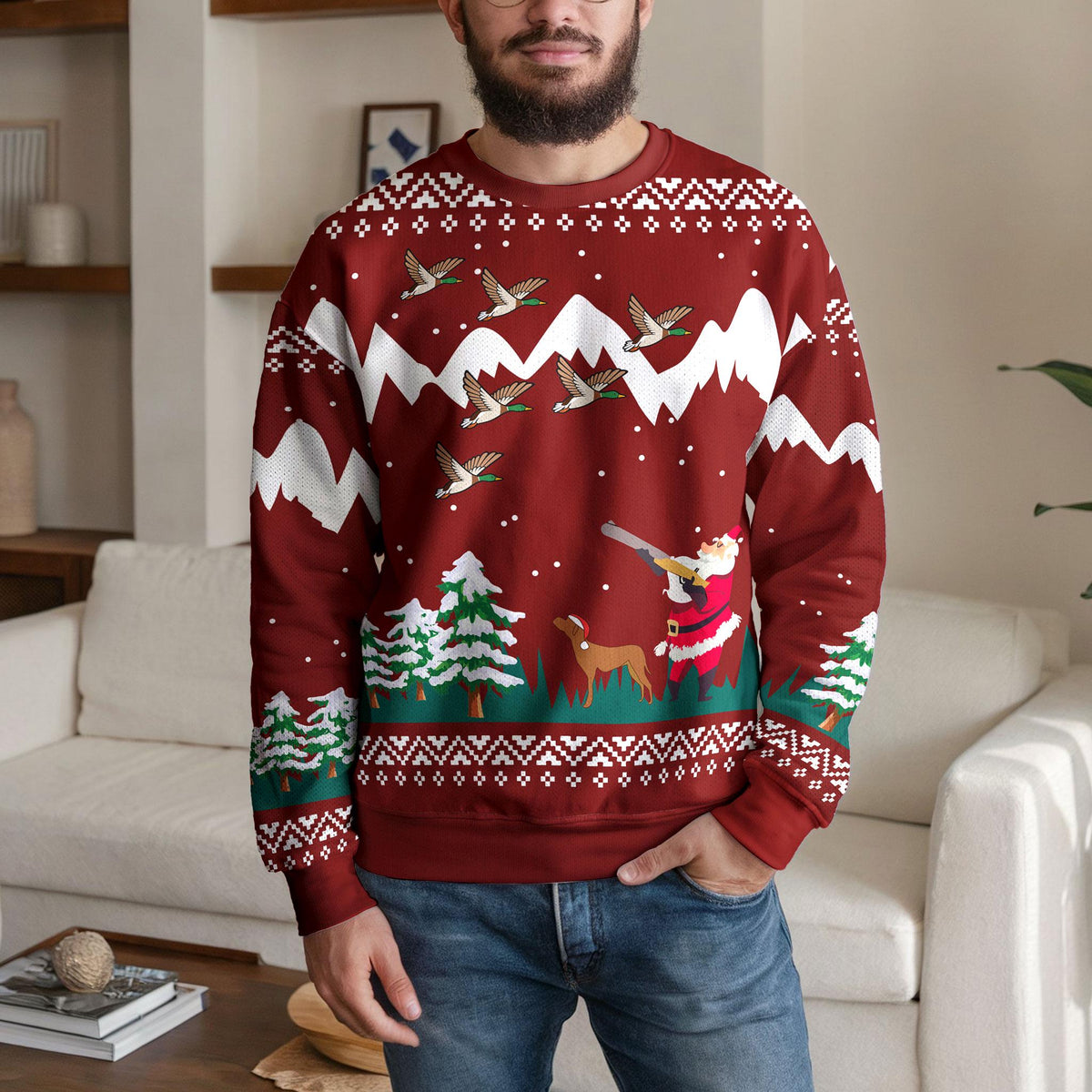 Santa Duck Hunting Ugly Christmas Sweater, Funny Hunter Design