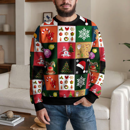 Christmas Patchwork Ugly Sweater, Santa Snowman And Reindeer Design