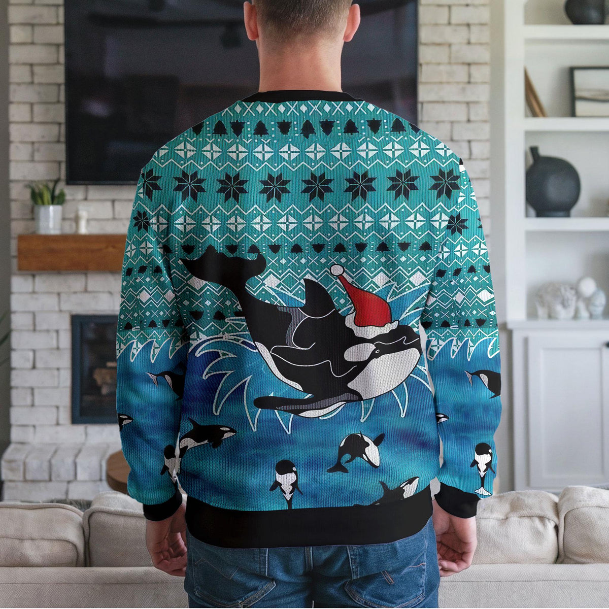Orca Ugly Christmas Sweater, Santa Hat Killer Whale Design