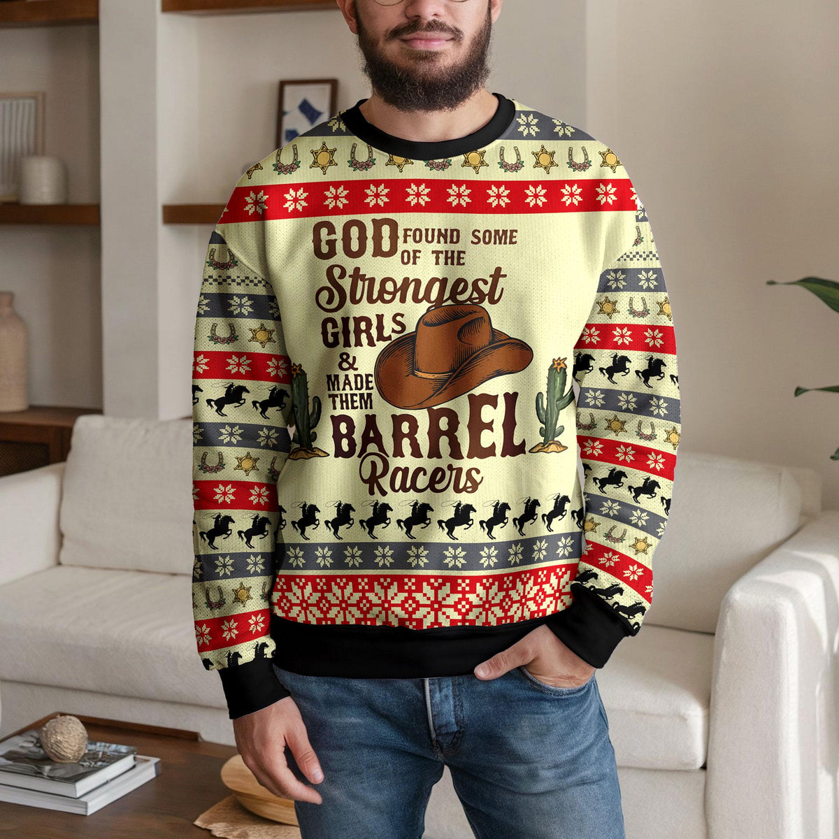 Barrel Racing Ugly Christmas Sweater, Cowgirl Western Horse Design