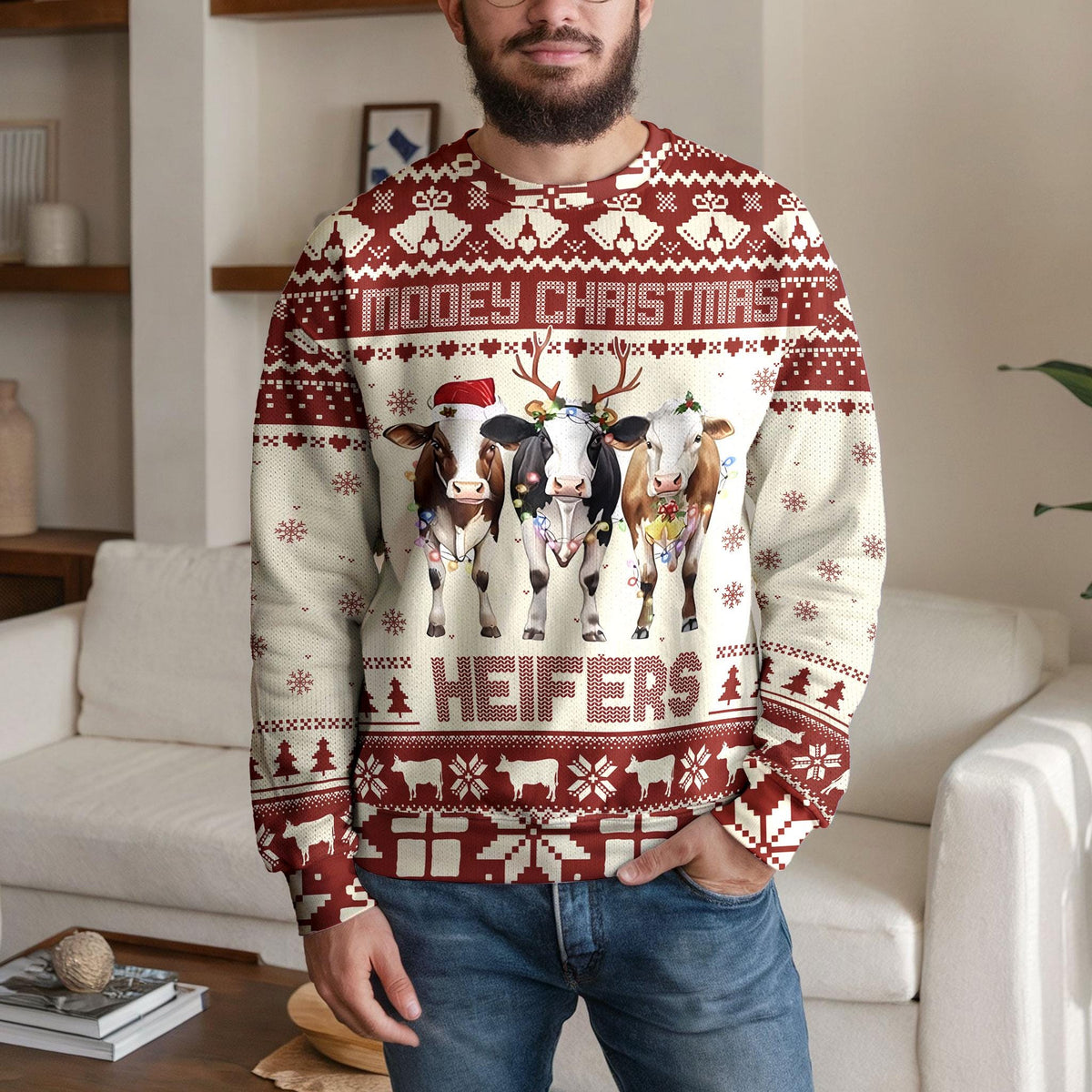 Moody Christmas Cow Ugly Christmas Sweater, Funny Farm Animal Design