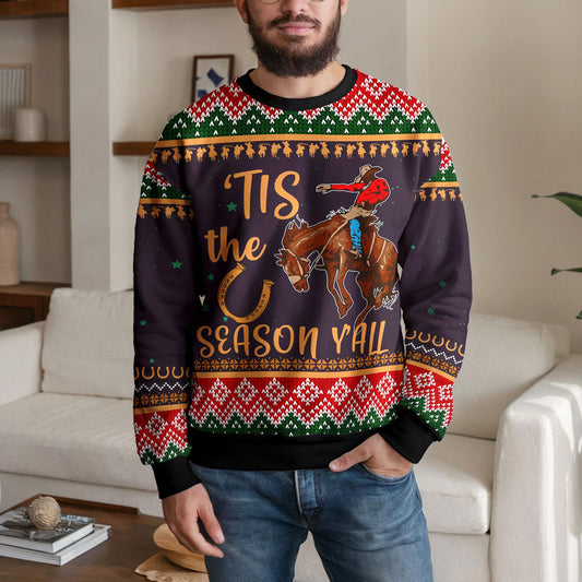 Rodeo Ugly Christmas Sweater, Cowboy Horse Western Bull Rider Design