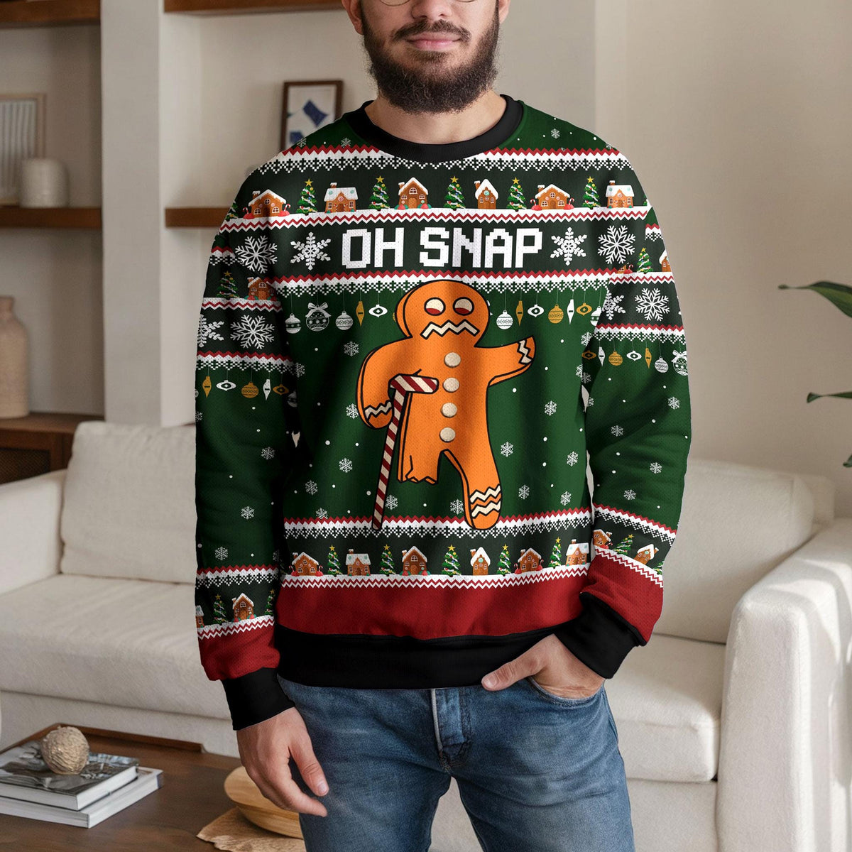 Oh Snap Gingerbread Man Ugly Christmas Sweater, Funny Candy Cane Design