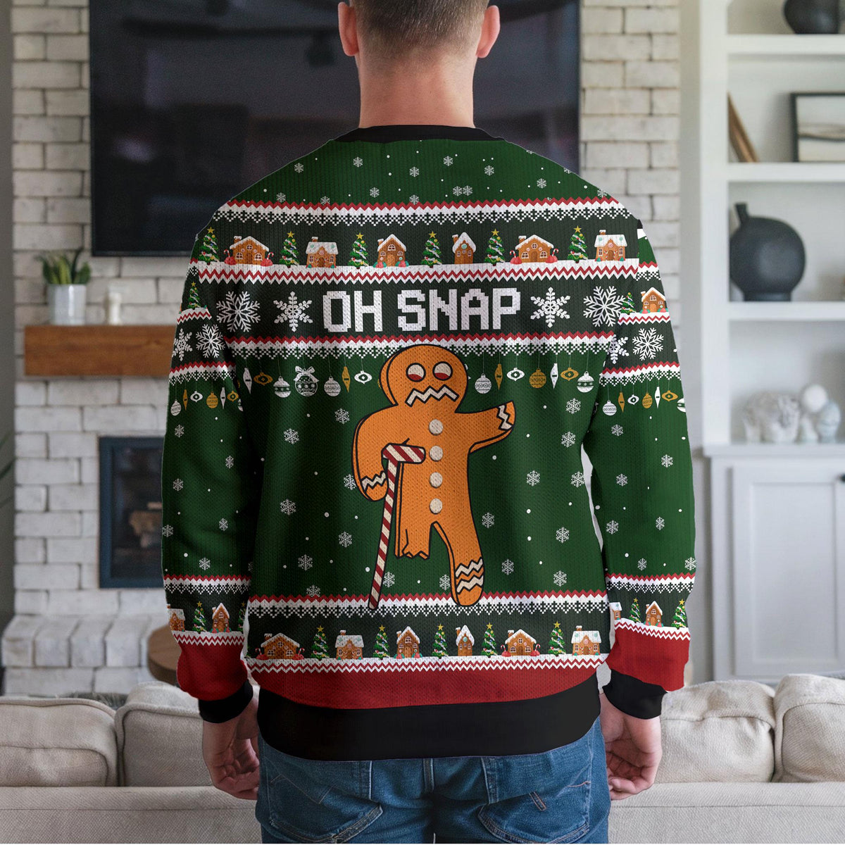 Oh Snap Gingerbread Man Ugly Christmas Sweater, Funny Candy Cane Design