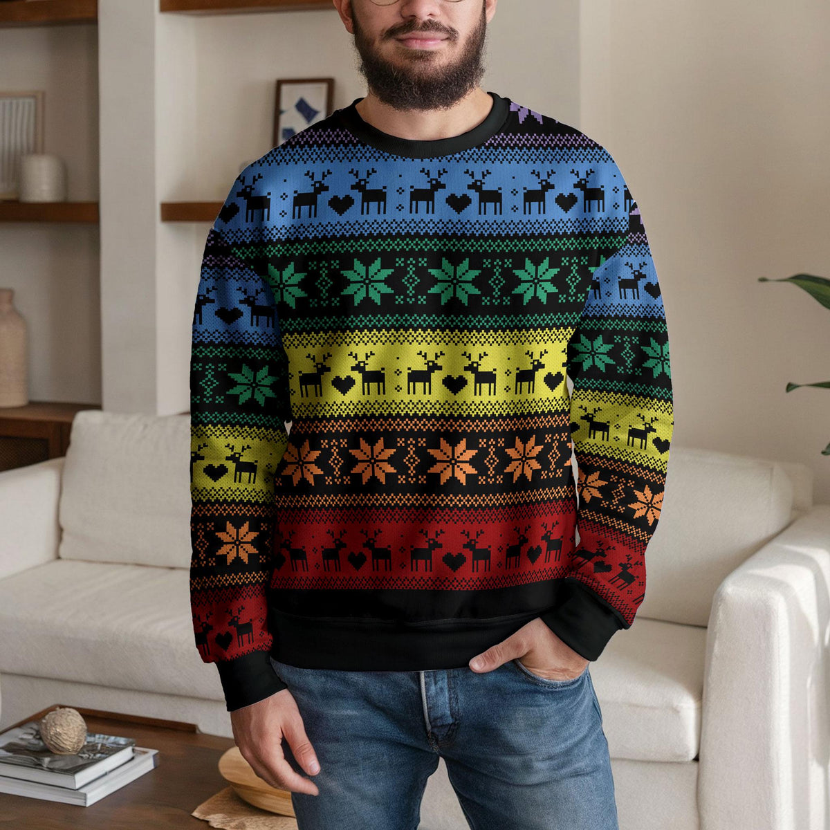 Rainbow Reindeer Ugly Christmas Sweater, Colorful Nordic Holiday Design
