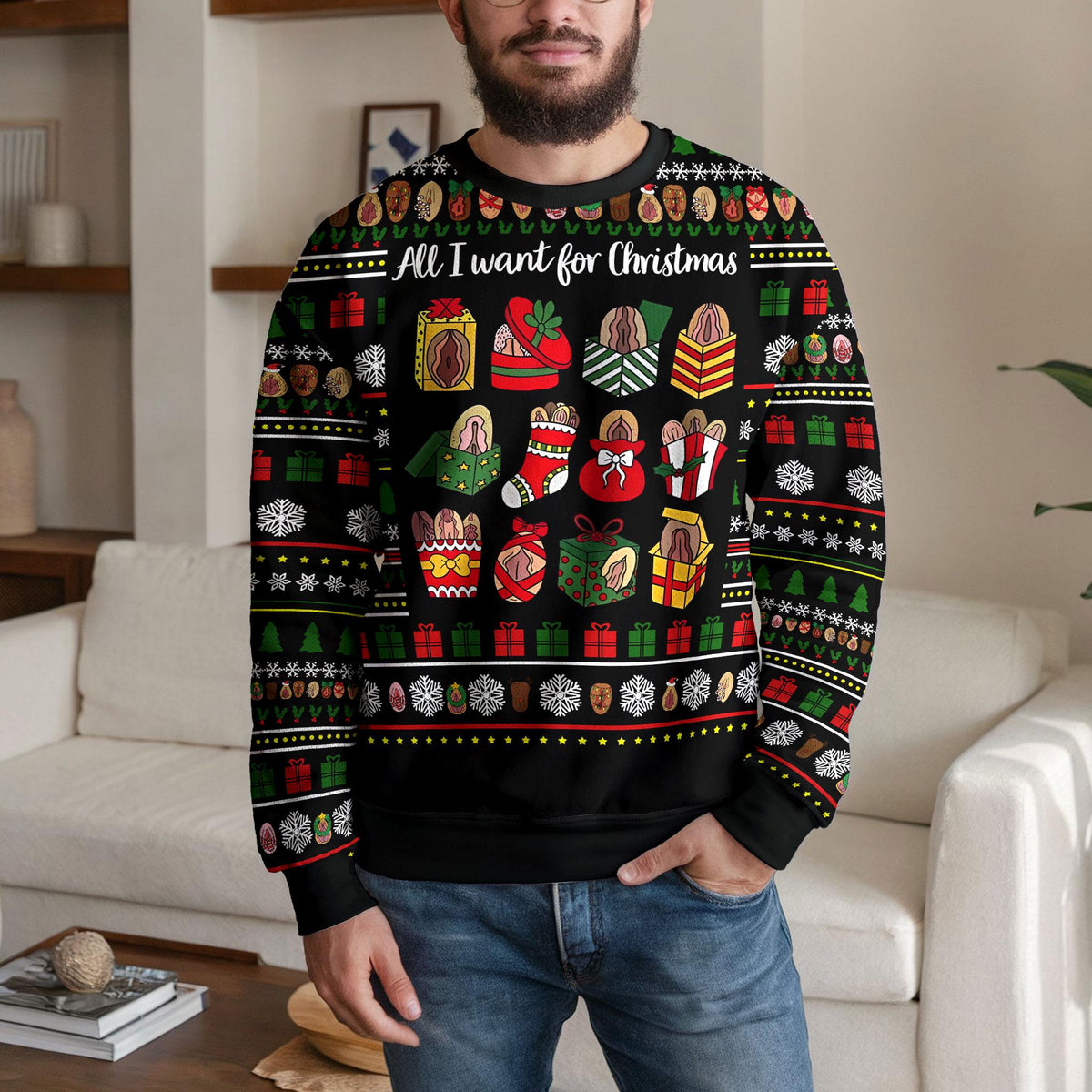 Naughty Adult Humor Ugly Christmas Sweater, Cheeky Holiday Party Design