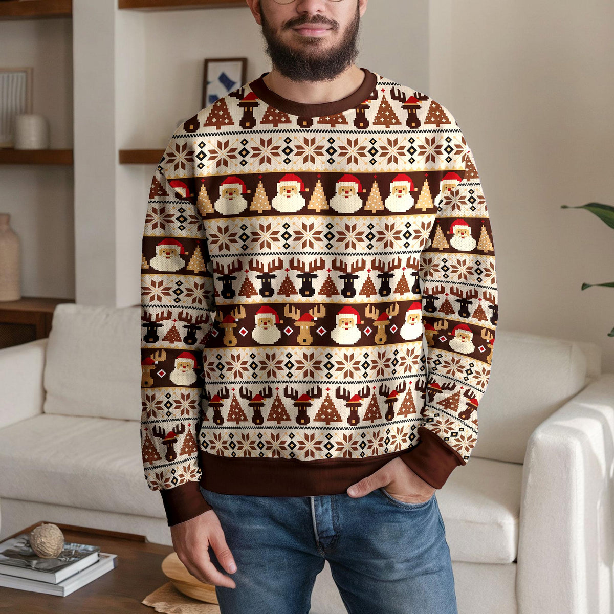 Santa Reindeer Ugly Christmas Sweater, Nordic Fair Isle Holiday Design