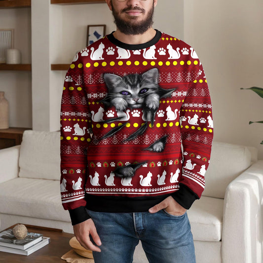 Black Cat Ugly Christmas Sweater, Funny Festive Kitty Design