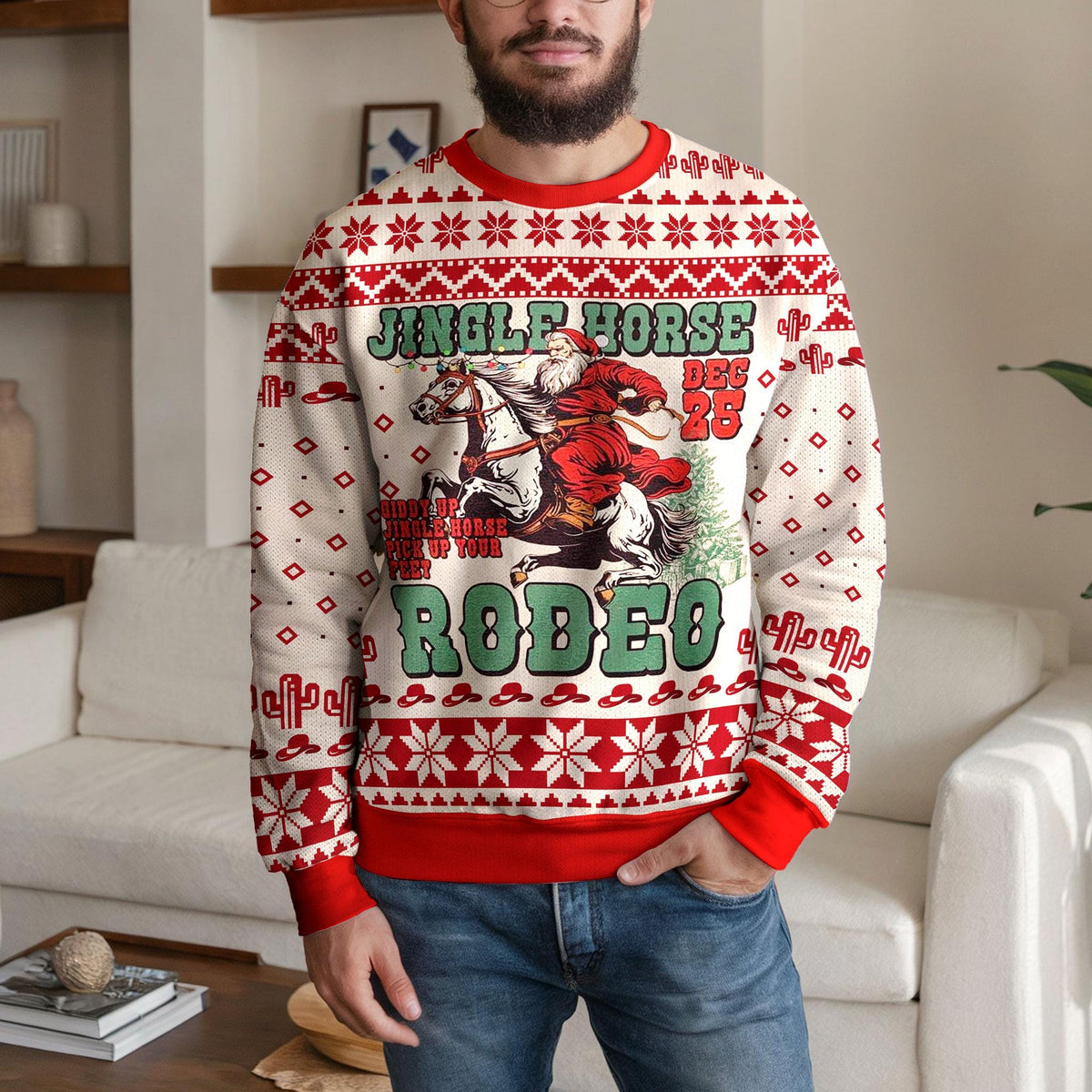 Santa Rodeo Ugly Christmas Sweater, Cowboy Horse Western Design