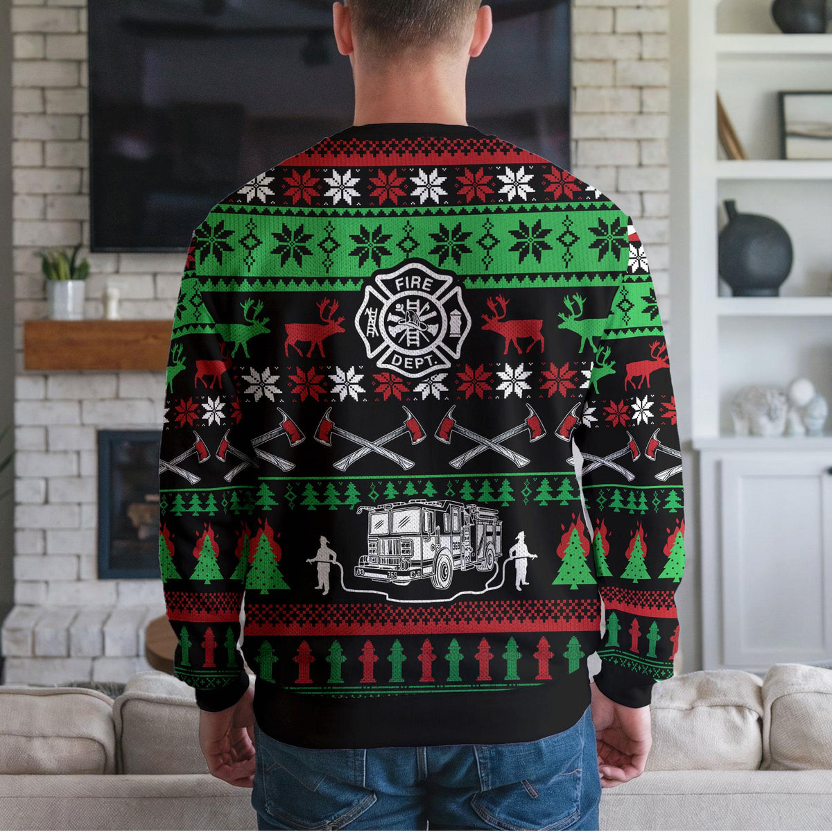 Firefighter Ugly Christmas Sweater, Fire Truck And Fire Department Design