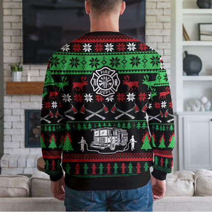Firefighter Ugly Christmas Sweater, Fire Truck And Fire Department Design