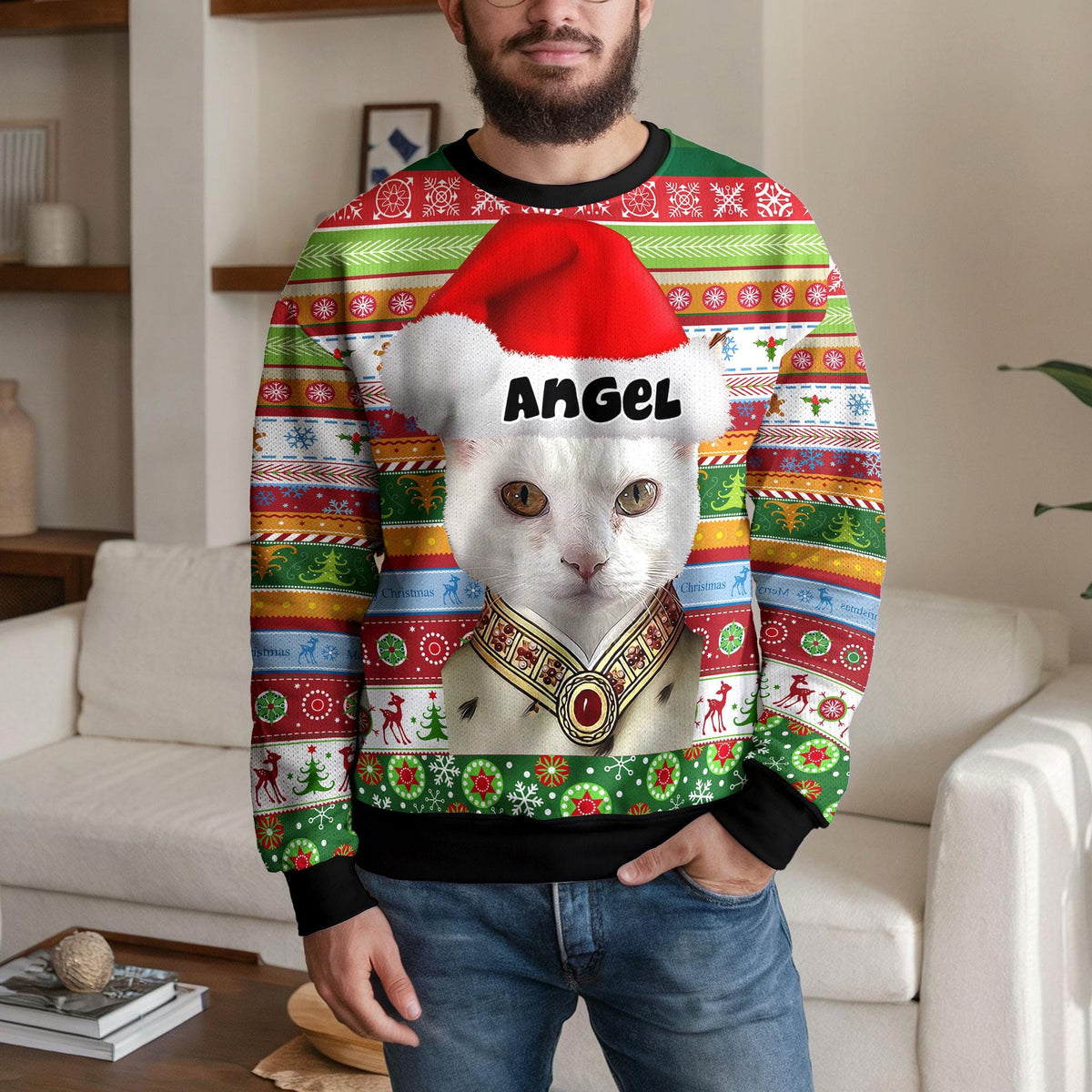 Personalized Cat Photo Ugly Christmas Sweater, Custom Cat Face Design