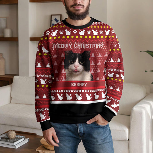Personalized Pet Photo Ugly Christmas Sweater, Custom Cat Mom Or Dad Design