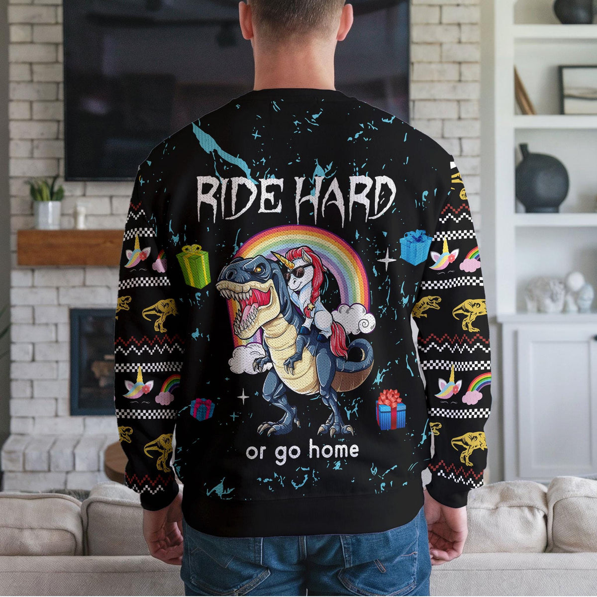 Dinosaur Riding Unicorn Ugly Christmas Sweater, Ride Hard Or Go Home Design