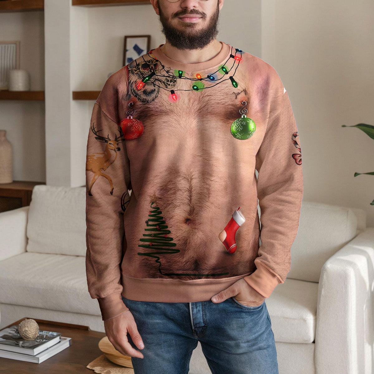 Hairy Chest Ugly Christmas Sweater, Funny Reindeer Holiday Design