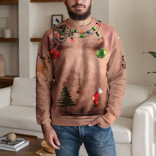 Hairy Chest Ugly Christmas Sweater, Funny Reindeer Holiday Design