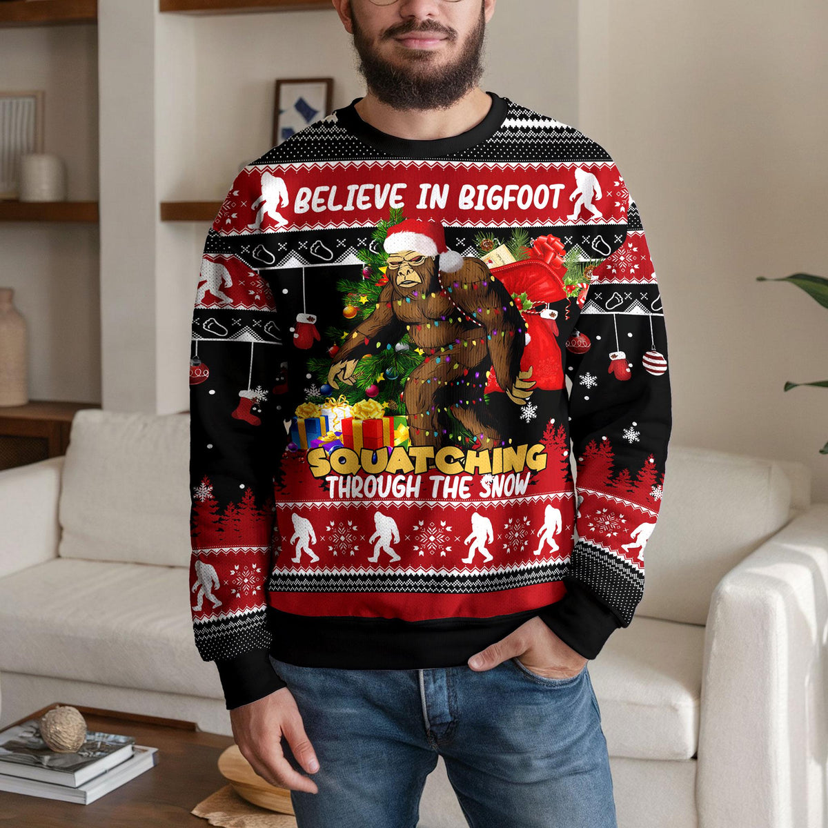 Bigfoot Ugly Christmas Sweater, Funny Cryptid Holiday Party Design