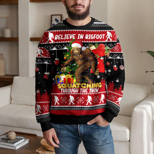 Bigfoot Ugly Christmas Sweater, Funny Cryptid Holiday Party Design