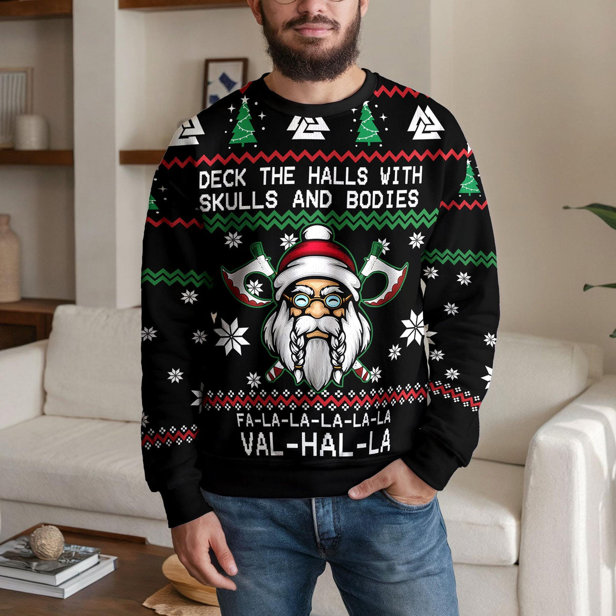 Viking Santa Valhalla Ugly Christmas Sweater, Funny Norse Skull Holiday Design