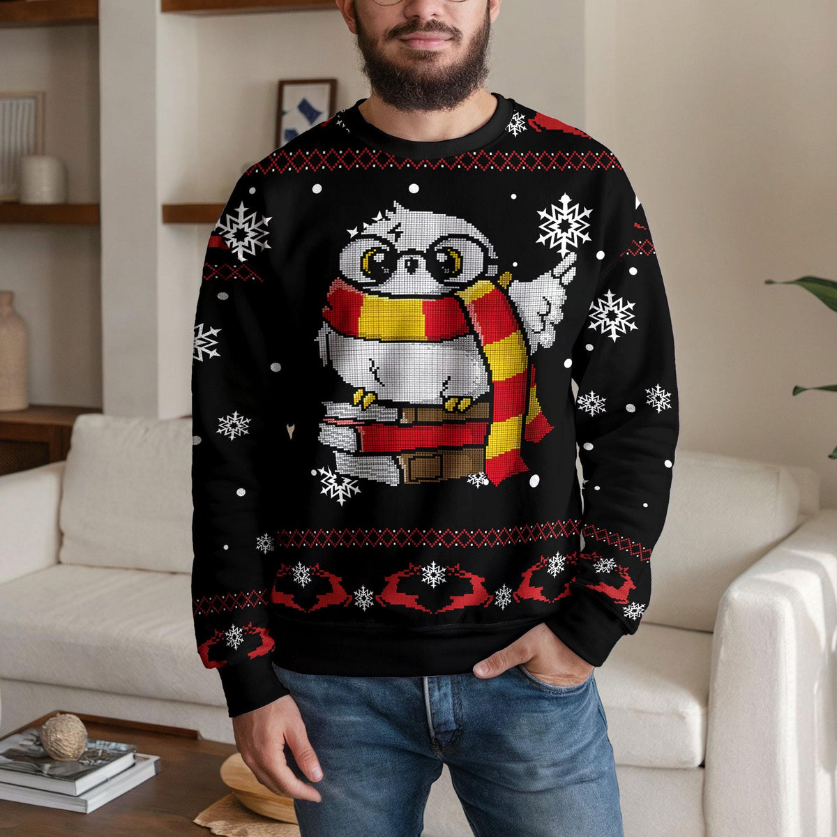 Magic Wizard Owl Ugly Christmas Sweater, Snowy Owl Book Lover Design