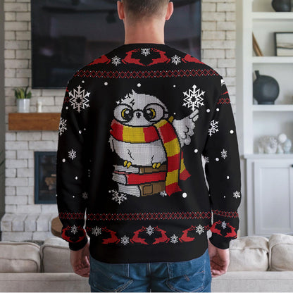 Magic Wizard Owl Ugly Christmas Sweater, Snowy Owl Book Lover Design