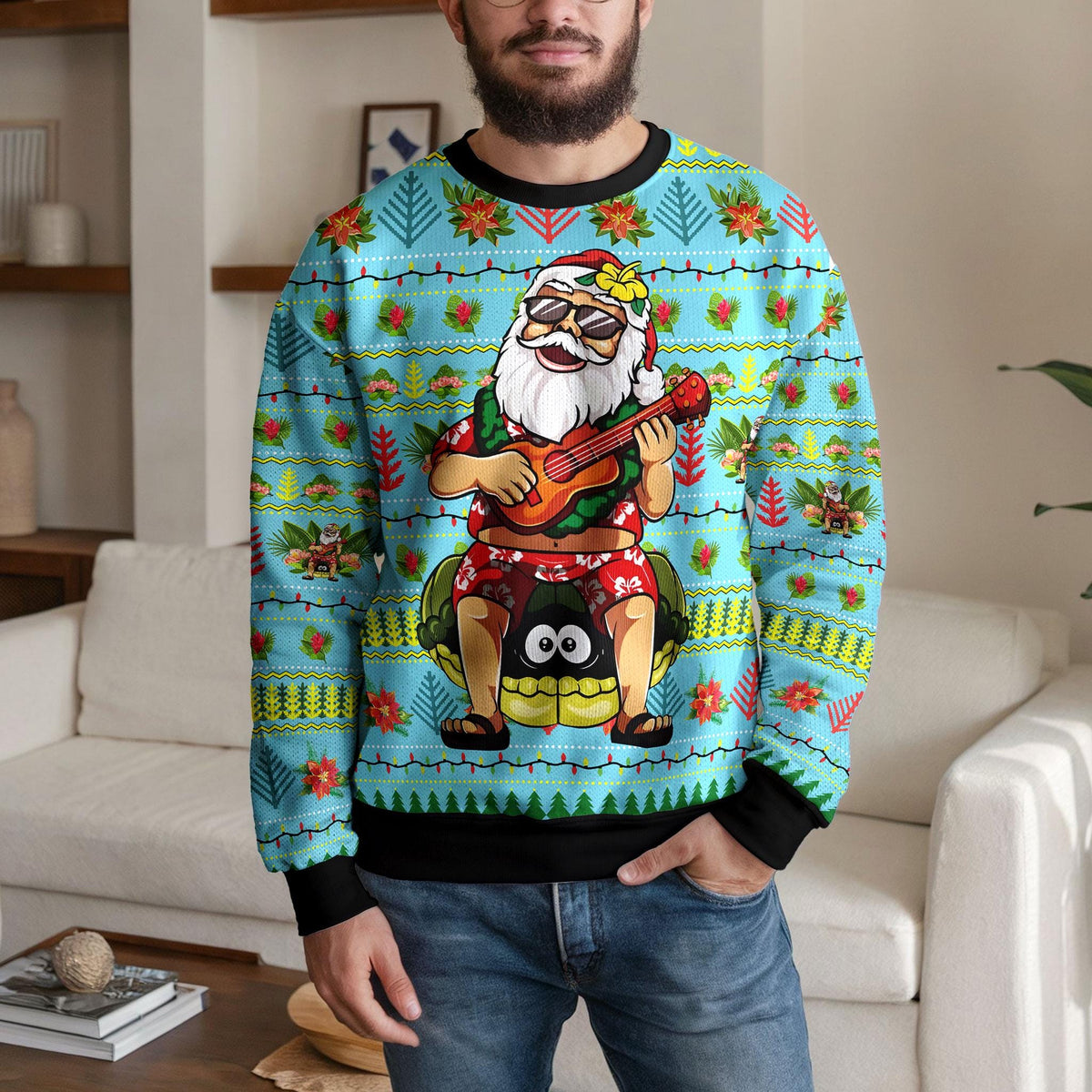 Hockey Ugly Christmas Sweater, Funny Santa Ice Hockey Design