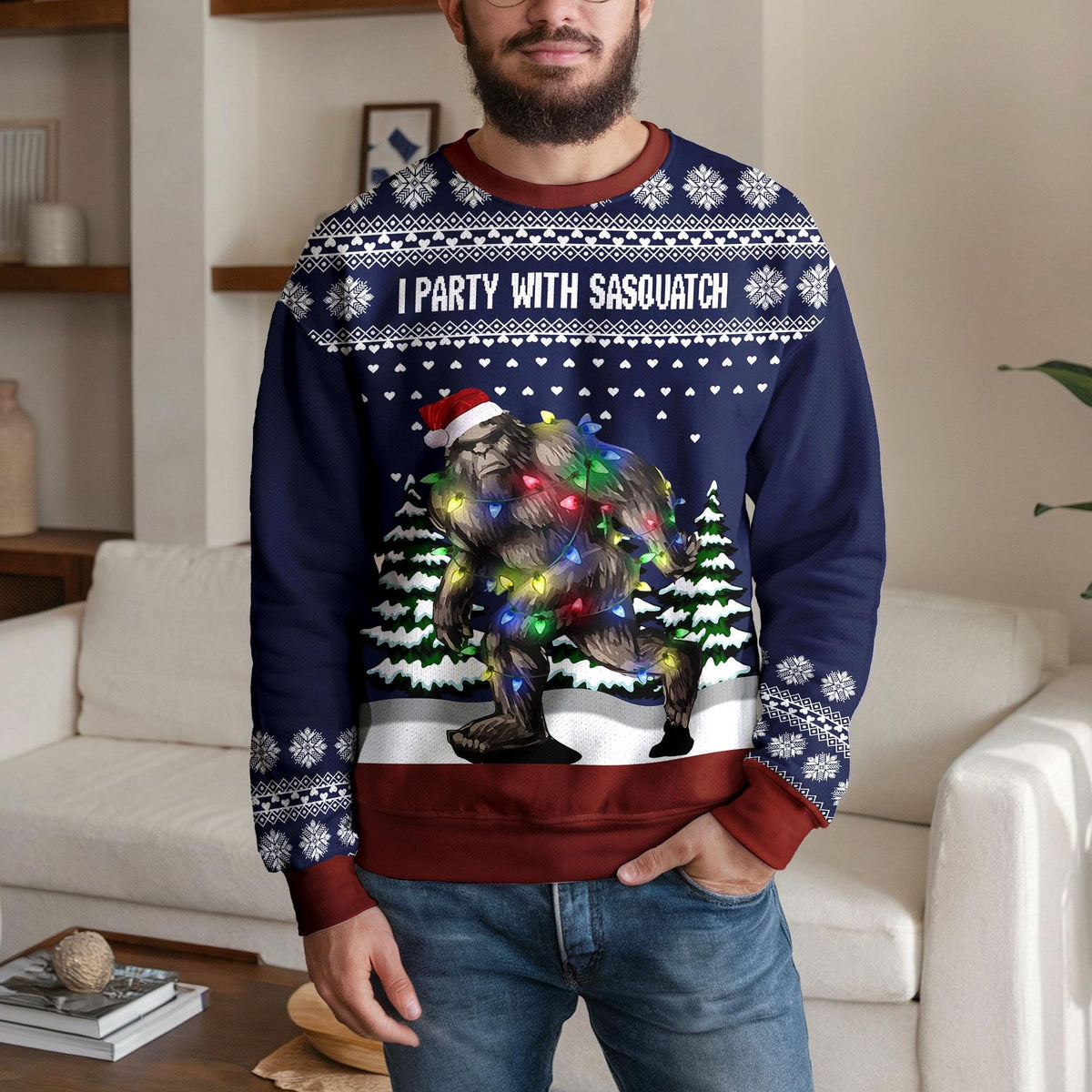 Bigfoot Ugly Christmas Sweater, Funny Cryptid Holiday Party Design