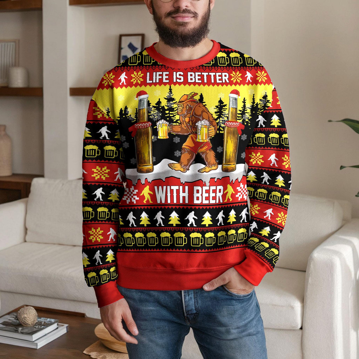 Bigfoot Ugly Christmas Sweater, Funny Cryptid Holiday Party Design