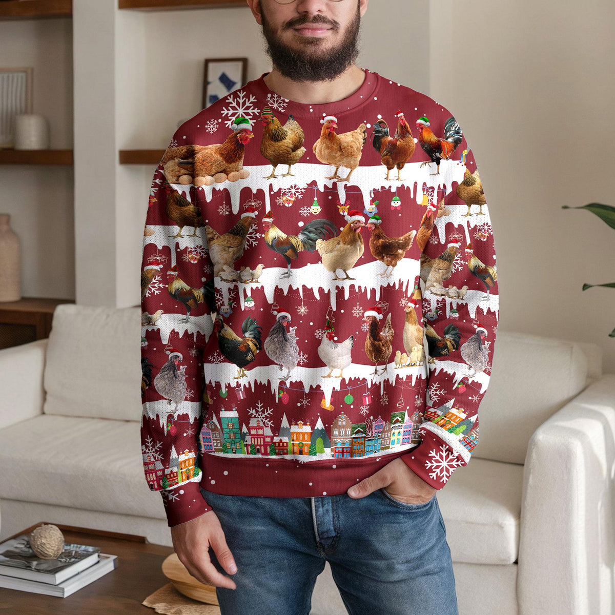 Chicken Ugly Christmas Sweater, Funny Rooster And Hen Farm Design