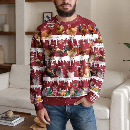 Chicken Ugly Christmas Sweater, Funny Rooster And Hen Farm Design