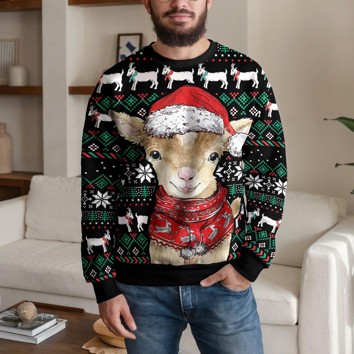 Cute Baby Goat Santa Hat Ugly Christmas Sweater, Funny Farm Animal Design