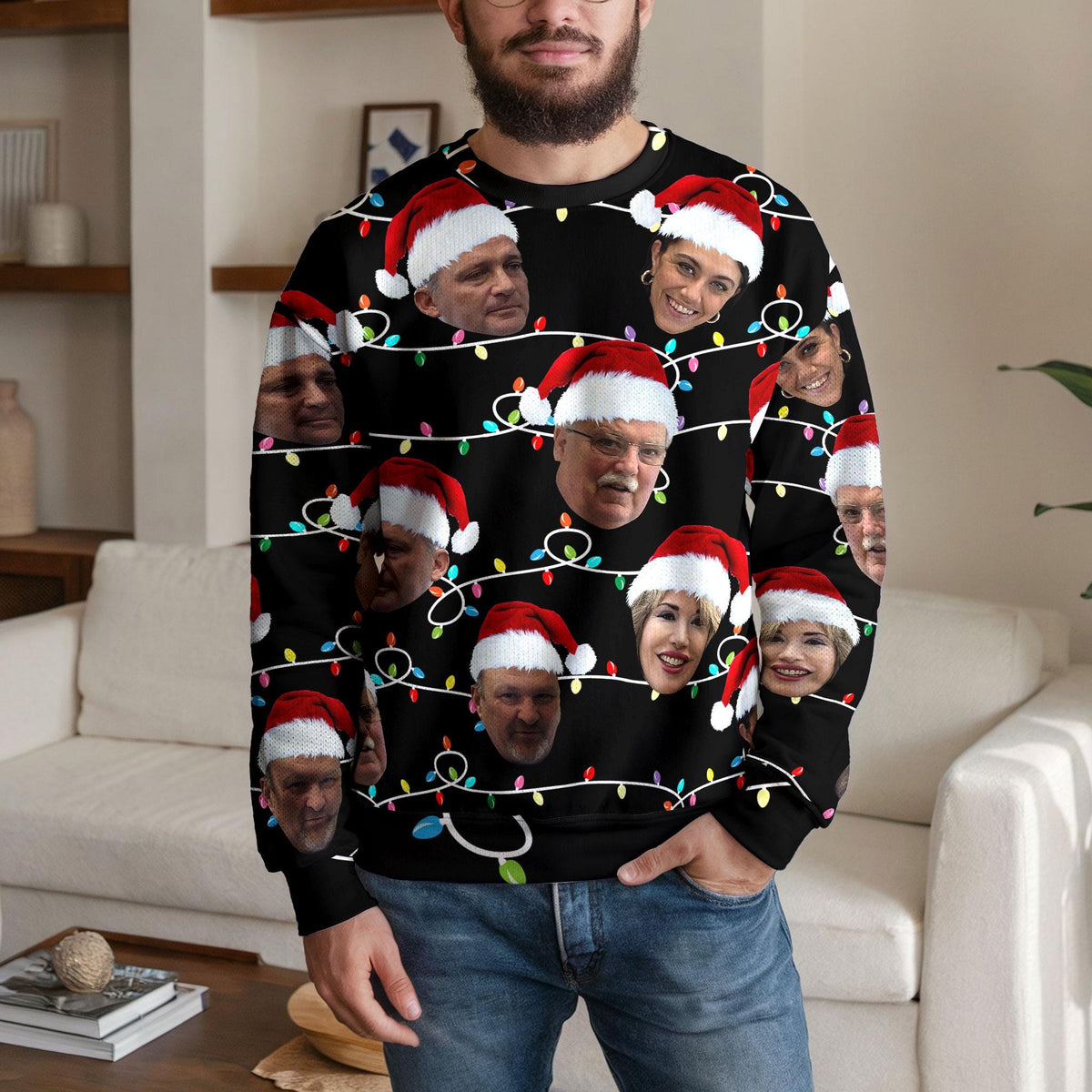 Personalized Face Ugly Christmas Sweater, Custom Photo Santa Hat Family Design