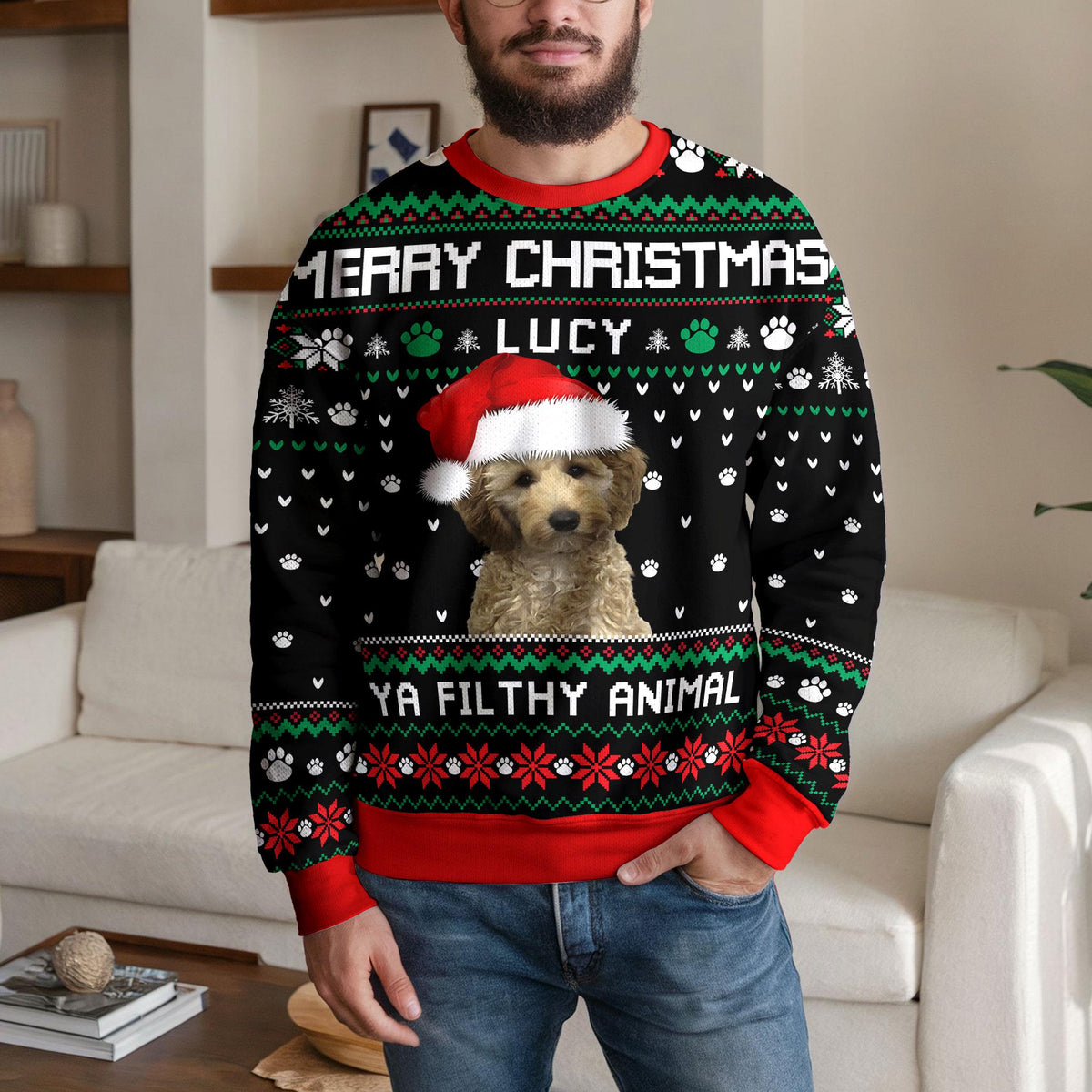Personalized Dog Photo Ugly Christmas Sweater, Custom Name Ya Filthy Animal Design