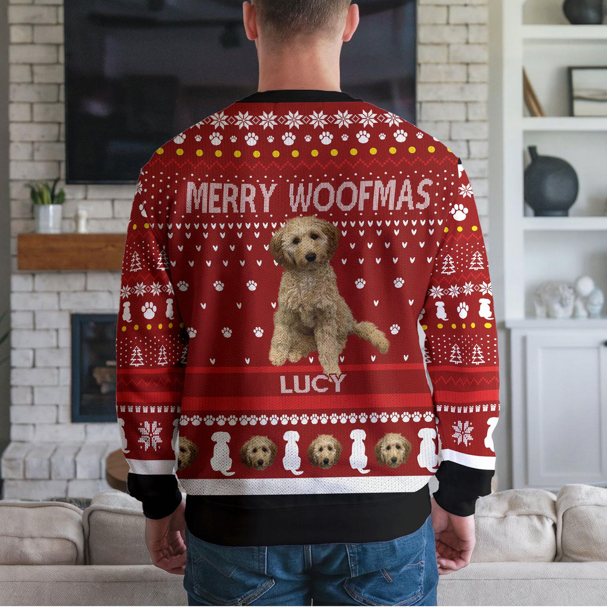 Personalized Dog Photo Ugly Christmas Sweater, Custom Name Merry Woofmas Design