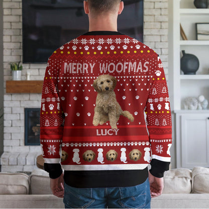 Personalized Dog Photo Ugly Christmas Sweater, Custom Name Merry Woofmas Design