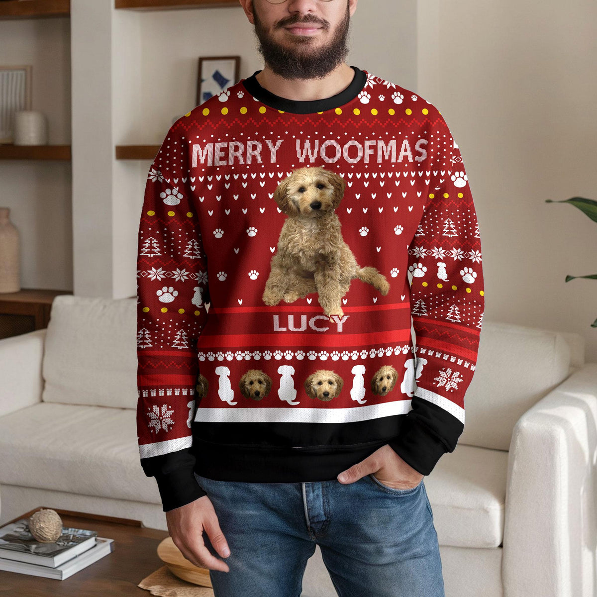 Personalized Dog Photo Ugly Christmas Sweater, Custom Name Merry Woofmas Design