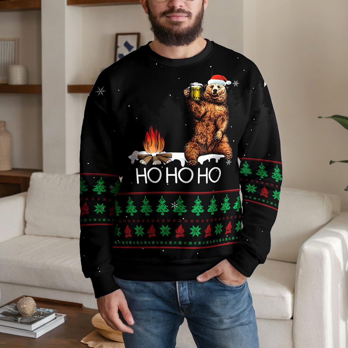 Funny Bear Drinking Beer Ugly Christmas Sweater, Ho Ho Ho Camping Design