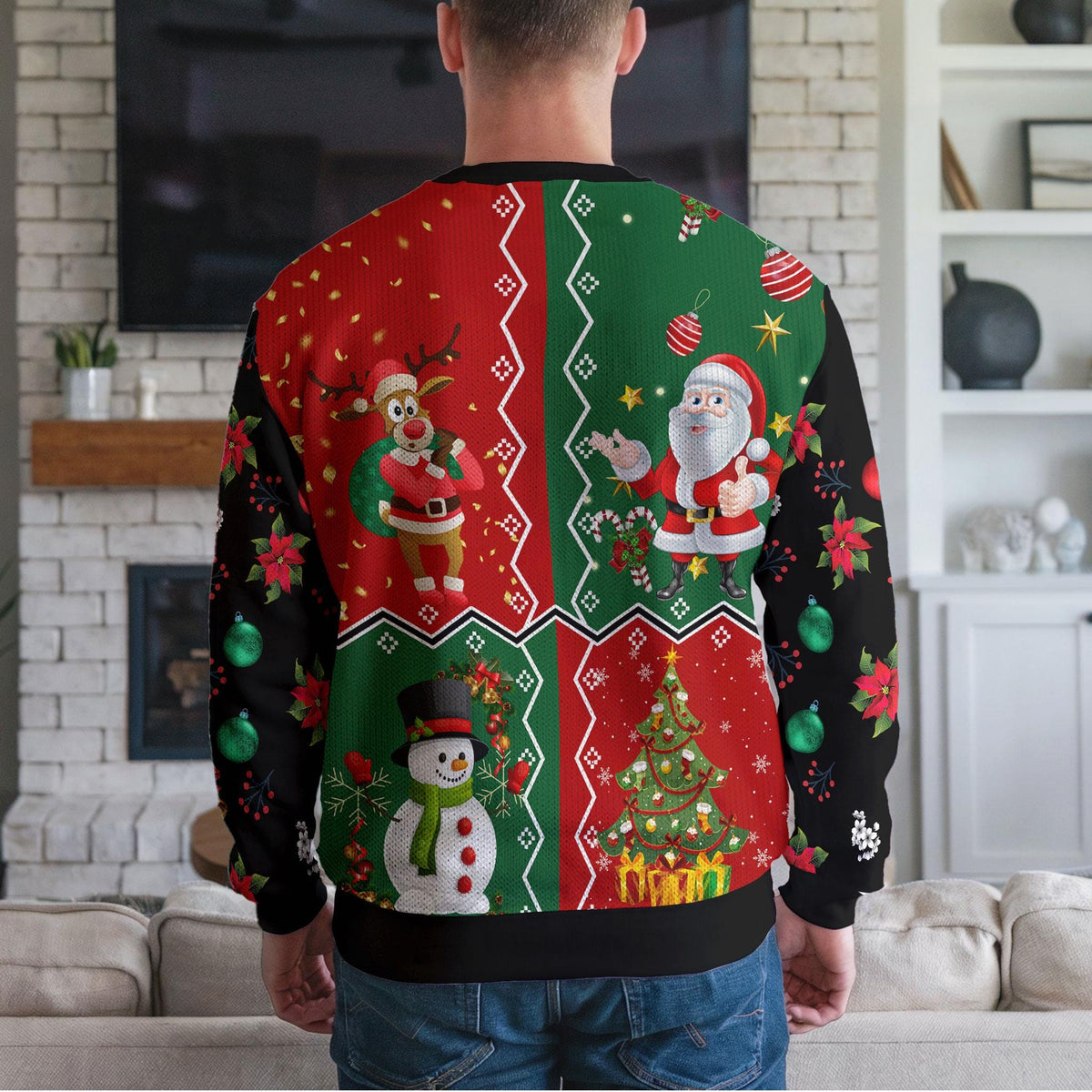 Santa Reindeer Snowman Ugly Christmas Sweater, Funny Christmas Tree Design
