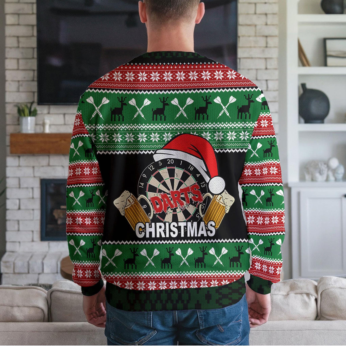 Darts Ugly Christmas Sweater, Funny Dartboard Santa Hat Design