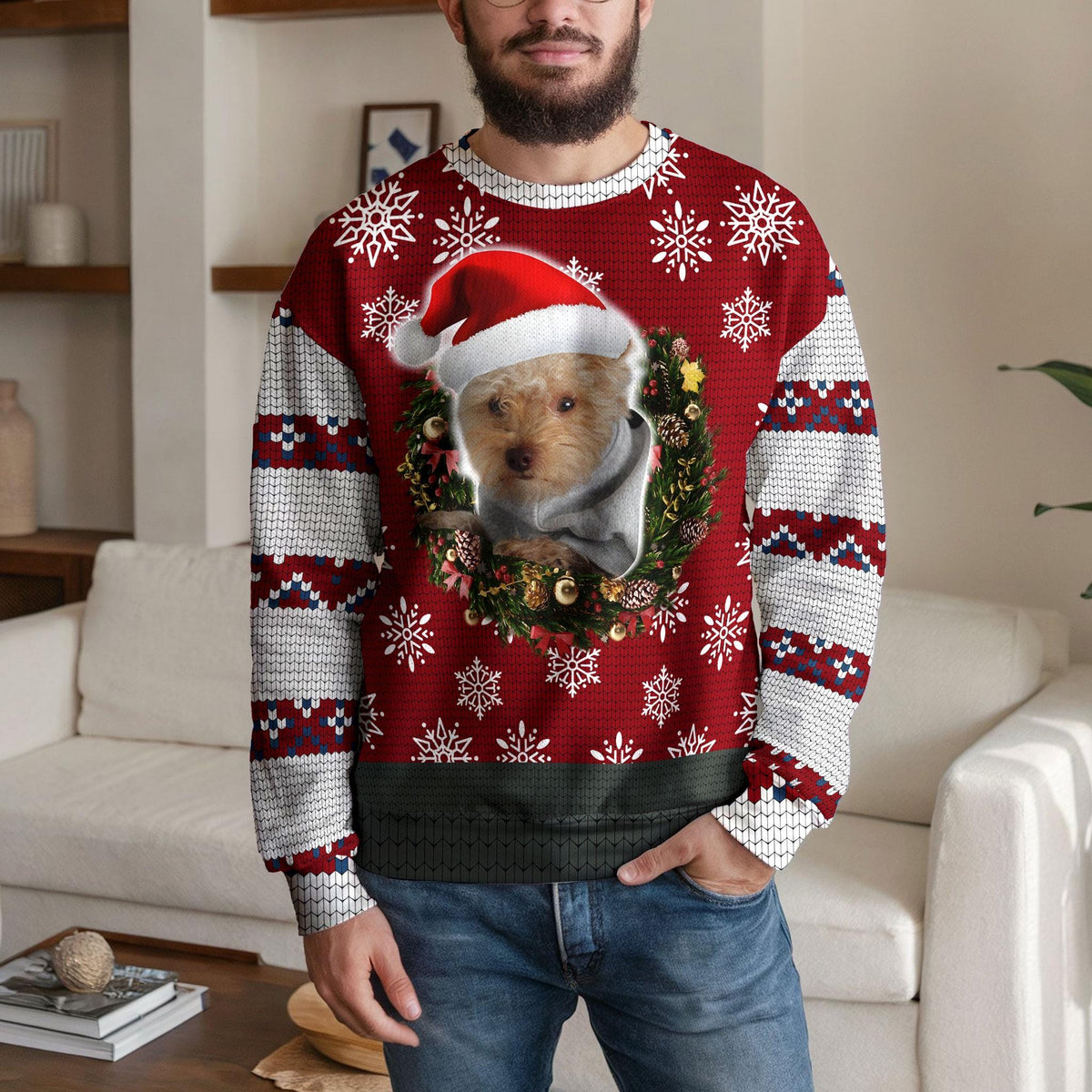Personalized Dog Photo Ugly Christmas Sweater, Custom Santa Puppy Design